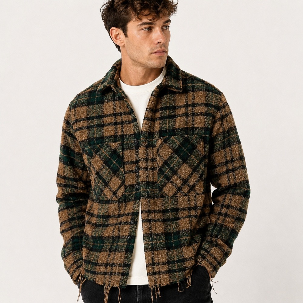 Mnml Mens XS Heavy Plaid Flannel Shirt Tan Green Frayed Hem Button Up Streetwear